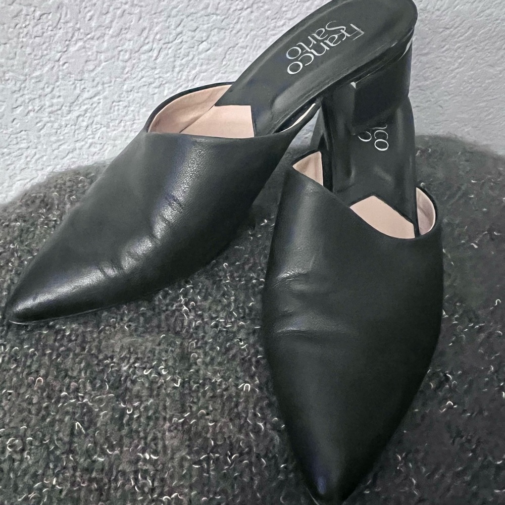 Franco Sarto Heels Mules Women Black Pointed Toe Block Heel Leather Upper 6 M